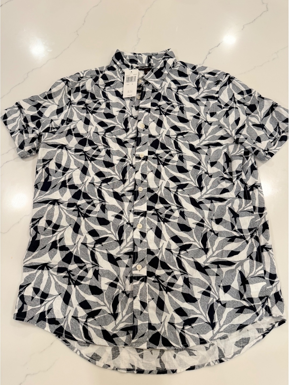 NEW $118 Michael Kors Linen Blend Short Sleeve Button Up Blue White Size Medium